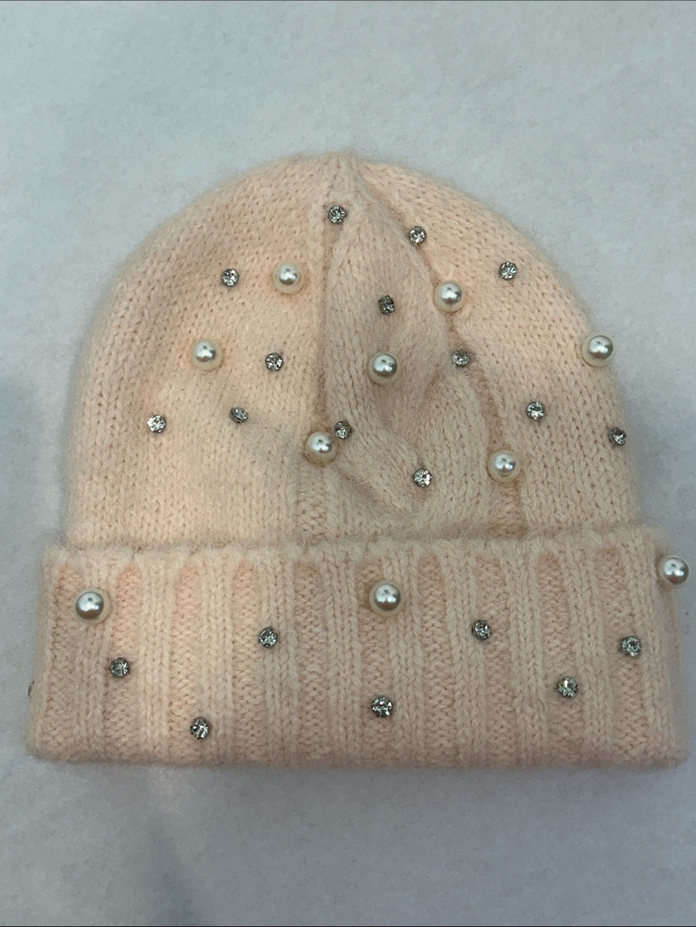 Maeve anthropologie apricot pastel pearl & Rhinestone Knit Beanie Women one size